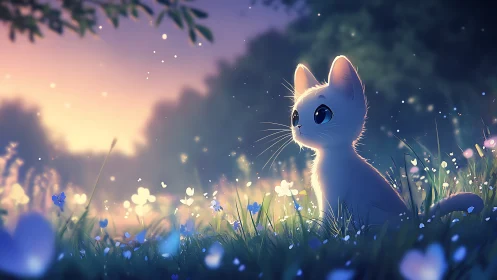 White Cat in Glowing Meadow at Dusk.