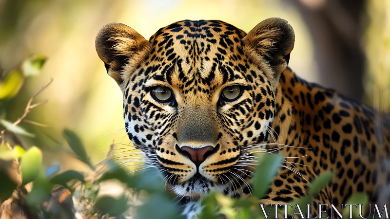 Leopard portrait in foliage with sharp focused gaze.