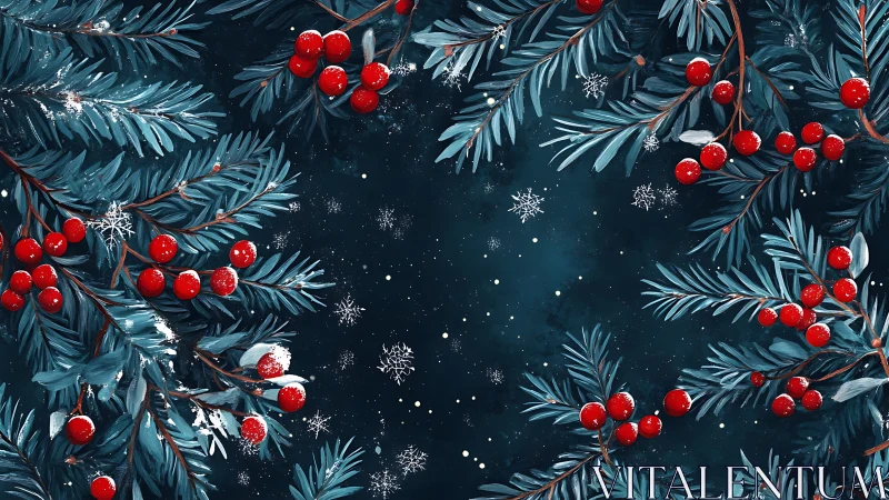 Winter berries and evergreen sprigs framing a starry night.