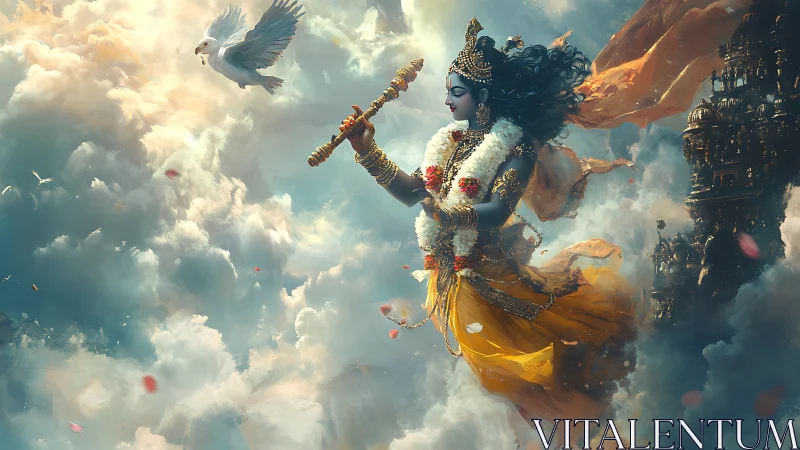 Divine figure with flute among clouds and temple spires.