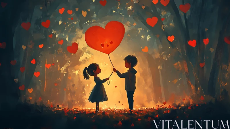 Two Hearts Exchange Luminous Balloon in Burning Dreamscape