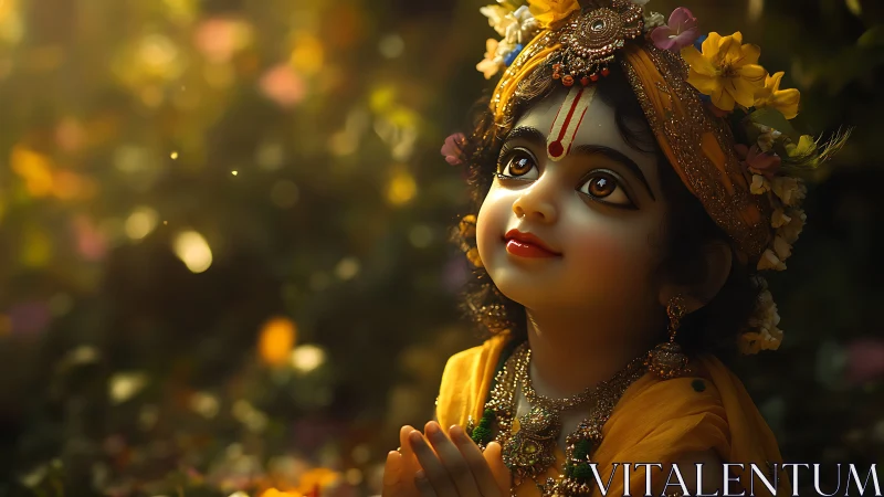 Devotional child figure in yellow garments under warm light.