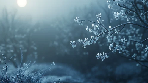 Nocturnal misty orchard with frost-kissed spring blossoms