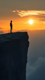 Silhouetted figure on sheer cliff edge at vivid orange sunrise