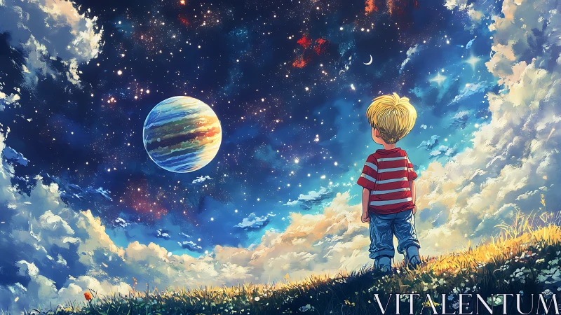 Child on hillside observing stylized planet and night sky.