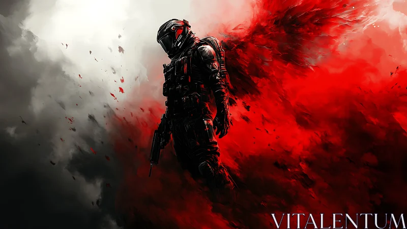 Armored soldier stands in red and white abstract smoke field