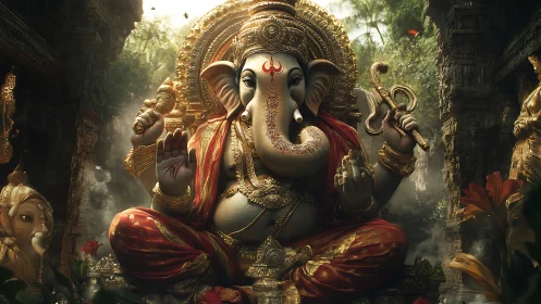 Detailed digital depiction of Ganesha in ornate shrine setting.