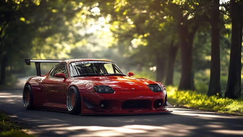 Red widebody sports car under soft forest backlighting.