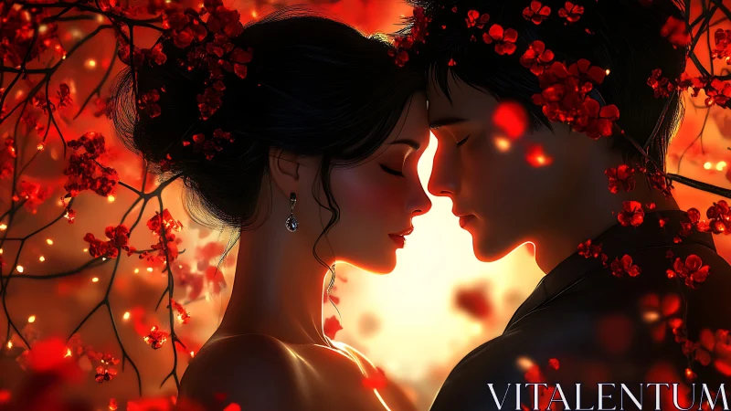 Two figures silhouetted in profile with luminous profiles against flowering vines