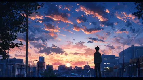 Urban sunset sky over solitary figure on city walkway.