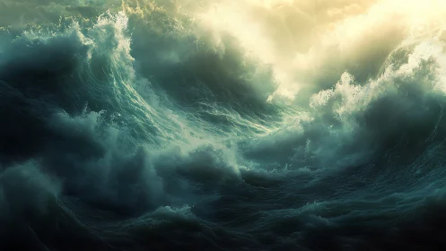 Sunlit Tempest Waves Clash Beneath a Stormborn Sky.