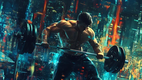 Muscular athlete lifts heavy barbell amid neon abstract city glow