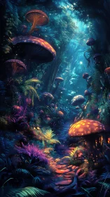 Bioluminescent mushroom forest glows over winding path