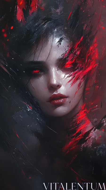Infernal-eyed digital portrait in fragmented crimson shrouds