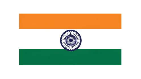 Horizontal tricolour flag with central navy blue wheel emblem.