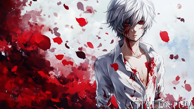 White haired anime boy in bloodstained shirt amid red petals.