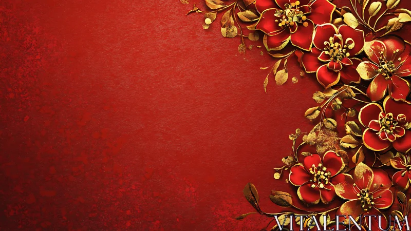 Red and Gold Floral Decorative Border Design on Textured Background.