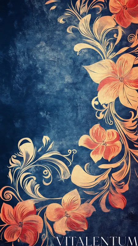 Ornate Blooms on Indigo: Where Nature Meets Vintage Elegance.