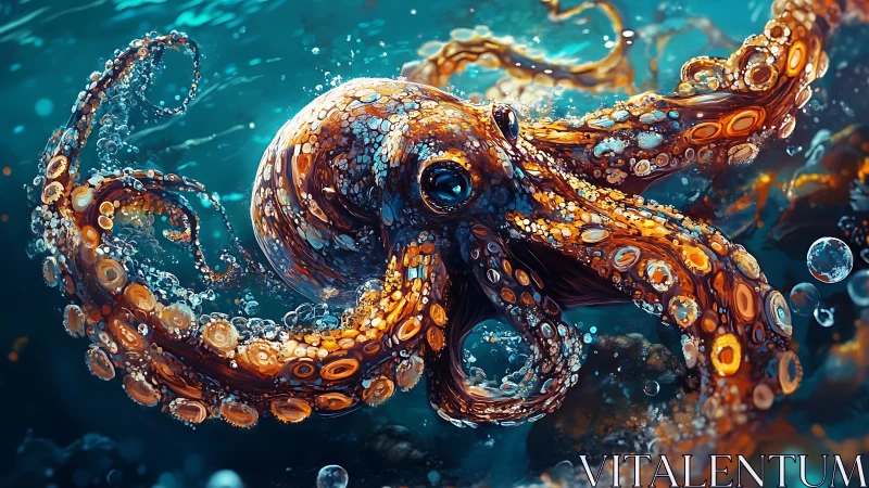 Bioluminescent octopus twists through luminous teal surf.