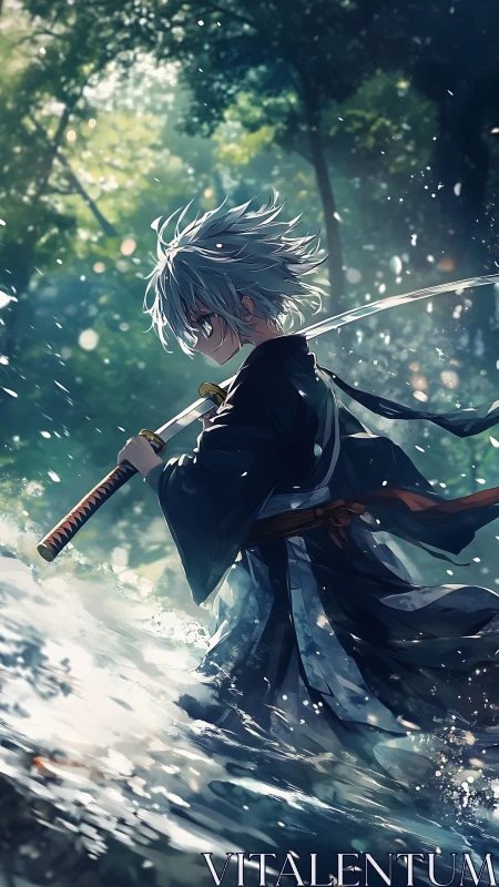 Riverlit swordsman strides through silver water and forest light.