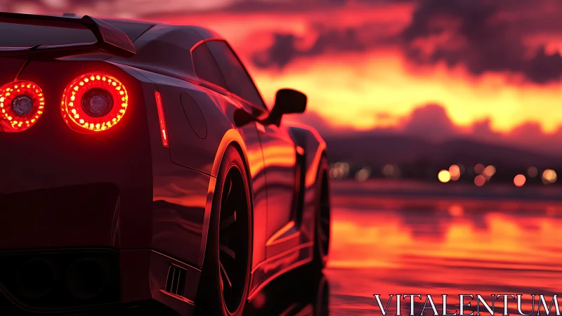 Sports coupe rear view on wet coastal road at sunset.