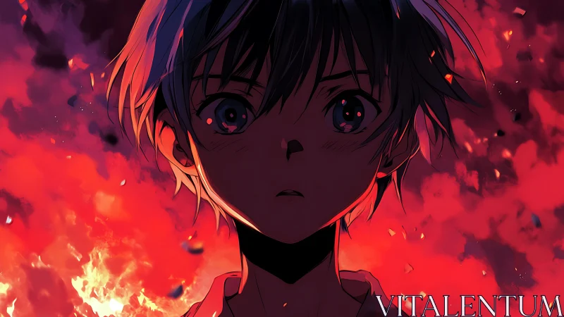 Shocked anime boy stands against blazing red inferno backdrop