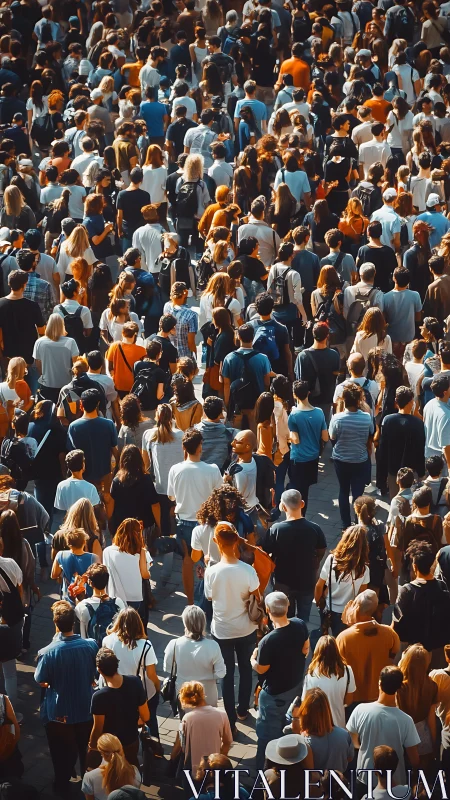 Crowded city walkway from above in warm evening light.