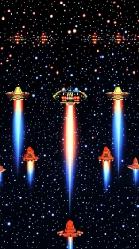 Vertical 8-bit starfield with retro spacecraft squadron in flight