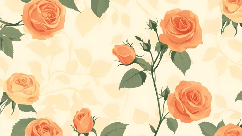 Coral and cream roses with green foliage on pale background.