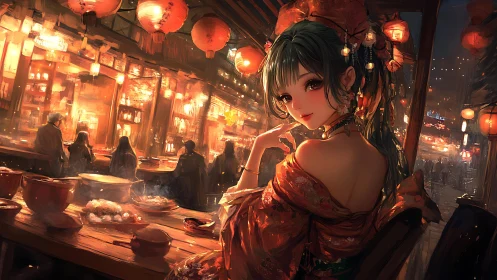 Lantern-lit street market girl in luminous red kimono