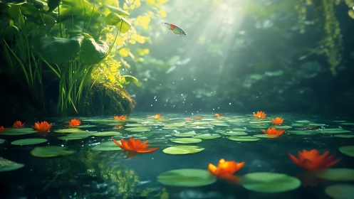 Iridescent fish breaching above lotus pond in volumetric light.