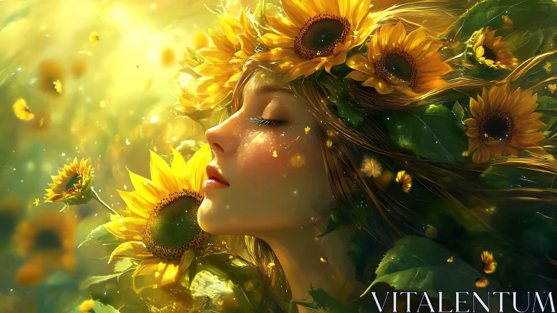 Female profile surrounded by sunflowers and green foliage.