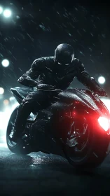 Motorcyclist in black armor on wet city street at night.