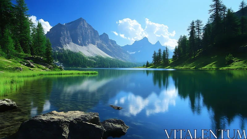 Tranquil mountain lake embraced by pines and bright summer sky.