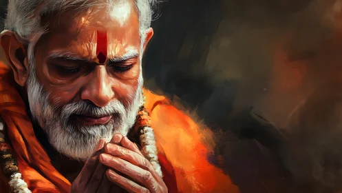 Elderly Hindu devotee in deep prayer with warm chiaroscuro.