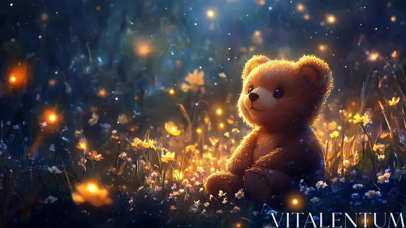 Firefly-kissed teddy bear dreaming in a glowing night meadow.