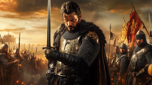 Medieval warlord in steel plate armor before battle lines.