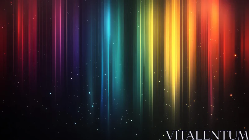Vibrant rainbow light beams on dark abstract background, digital art.