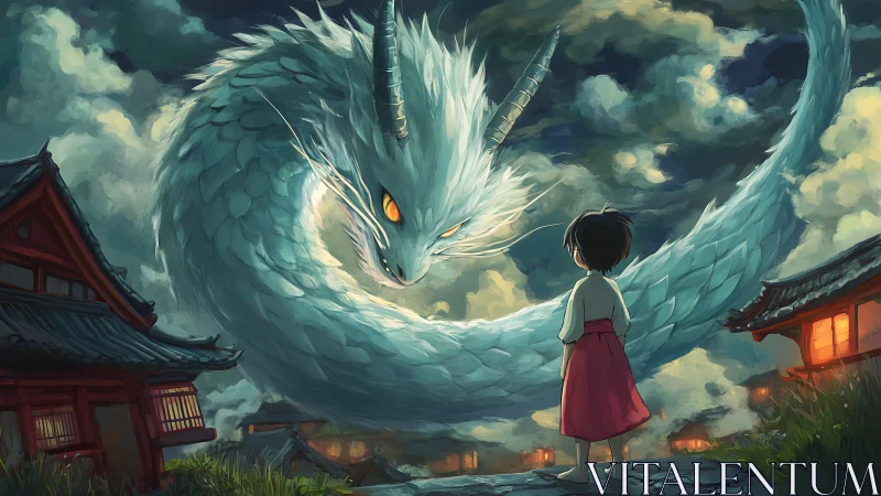 Stormlit dragon coils above child in luminous village sky.