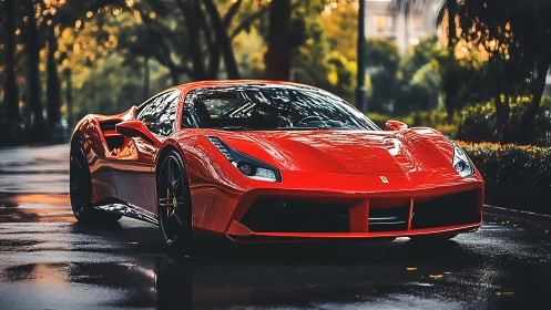Red supercar on wet city street at golden hour light.