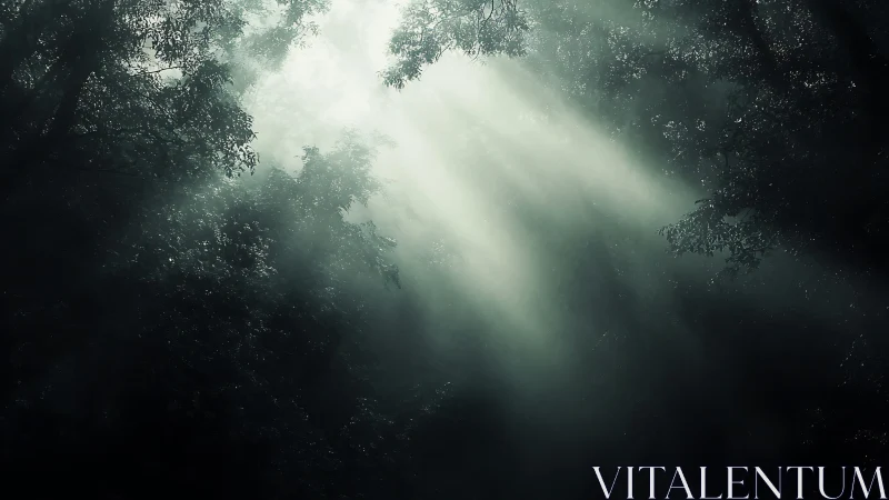 Dense forest with directional light rays penetrating canopy