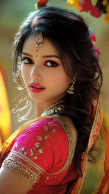 Soft-focus portrait analyzes vibrant saree textiles, jewelry detail