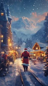 Snowy village street shows figure in red coat at dusk