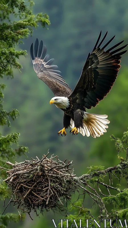 Bald eagle descends toward forest nest in sharp detail.