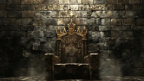 Ornate gold throne stands centered against dark stone wall