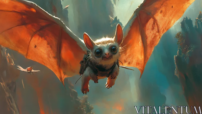 Wide eyed gliding bat creature over misty canyon realm.