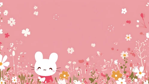 Cartoon mouse stands in stylized floral field on pink background