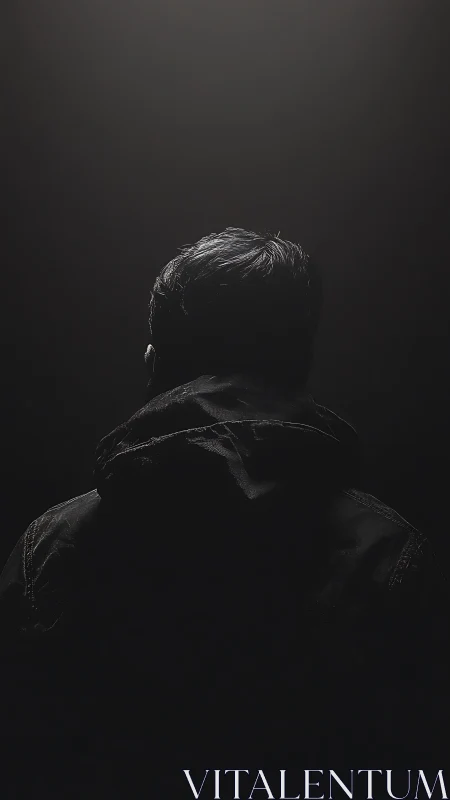 Person viewed from behind stands in dark, focused light