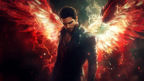 Dark winged male figure with glowing red fire wings.