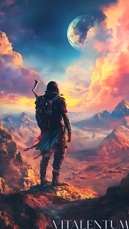 Lone space explorer surveys radiant alien canyon vista.